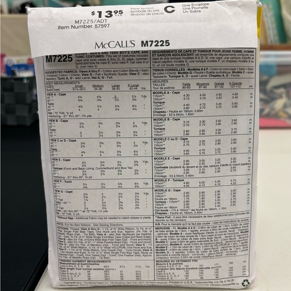 Costume Sewing Pattern McCall’s M7225 Adults and Teens - Picture 2 of 2